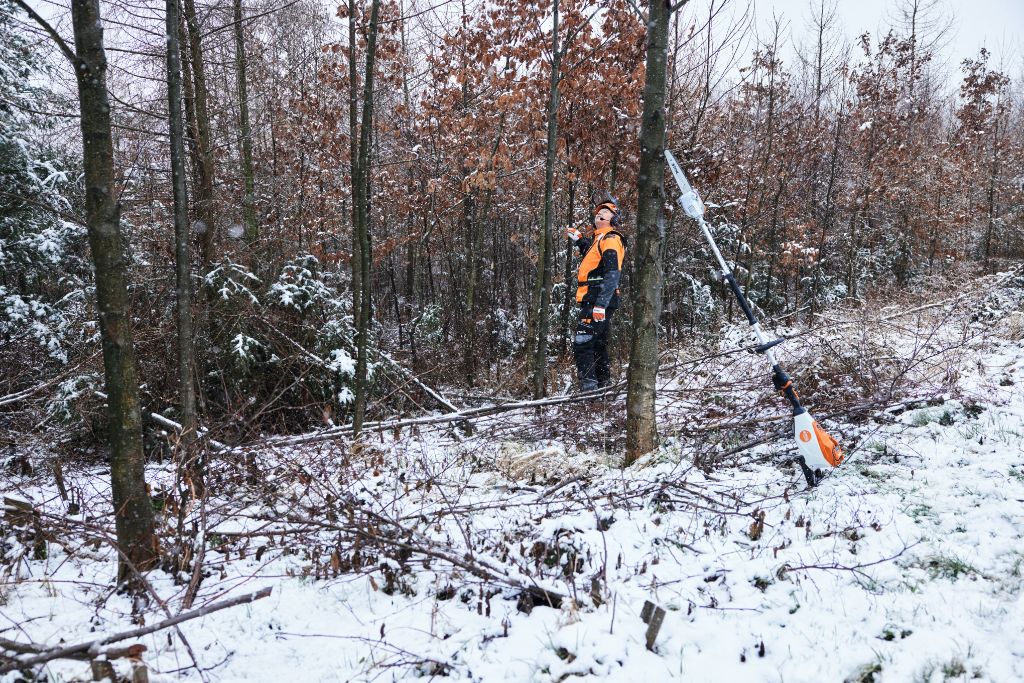 Egy férfi munkavédelmi felszerelésben dolgozik egy havas erdőben, az előtérben egy STIHL HTA 150 akkumulátoros magassági ágnyeső van egy fatörzsnek támasztva