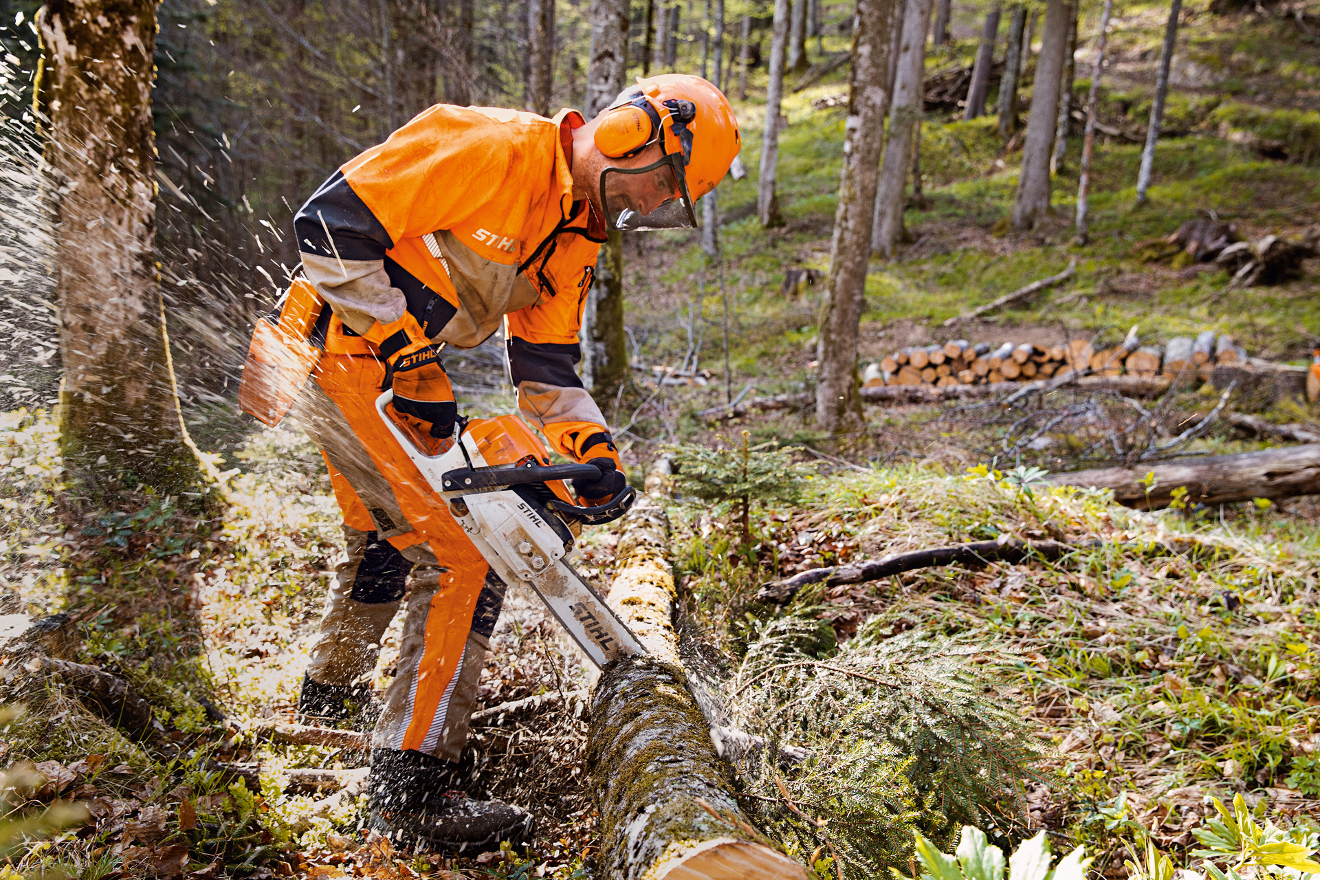 STIHL védőruházatot és Dynamic Vent nadrágot viselő (1-es vágásvédelmi osztály) munkás STIHL motorfűrésszel fát fűrészel