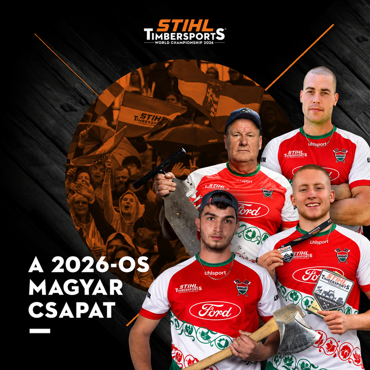 Key visual of the STIHL TIMBERSPORTS® World Championship 2026 featuring three logger sports athletes in front of a dark background. The picture says "STIHL TIMBERSPORTS® World Championship 2026 presented by Liebherr. Porsche-Arena Stuttgart. 30.-31. October 2026. Livestream at 8 pm CEST / 2 pm EDT / 5 am AEDT+1"